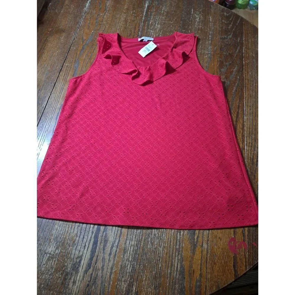 New Large Kim Rogers Red Eyelet Lined Ruffle Sleeveless Pullover Shirt Tank Top